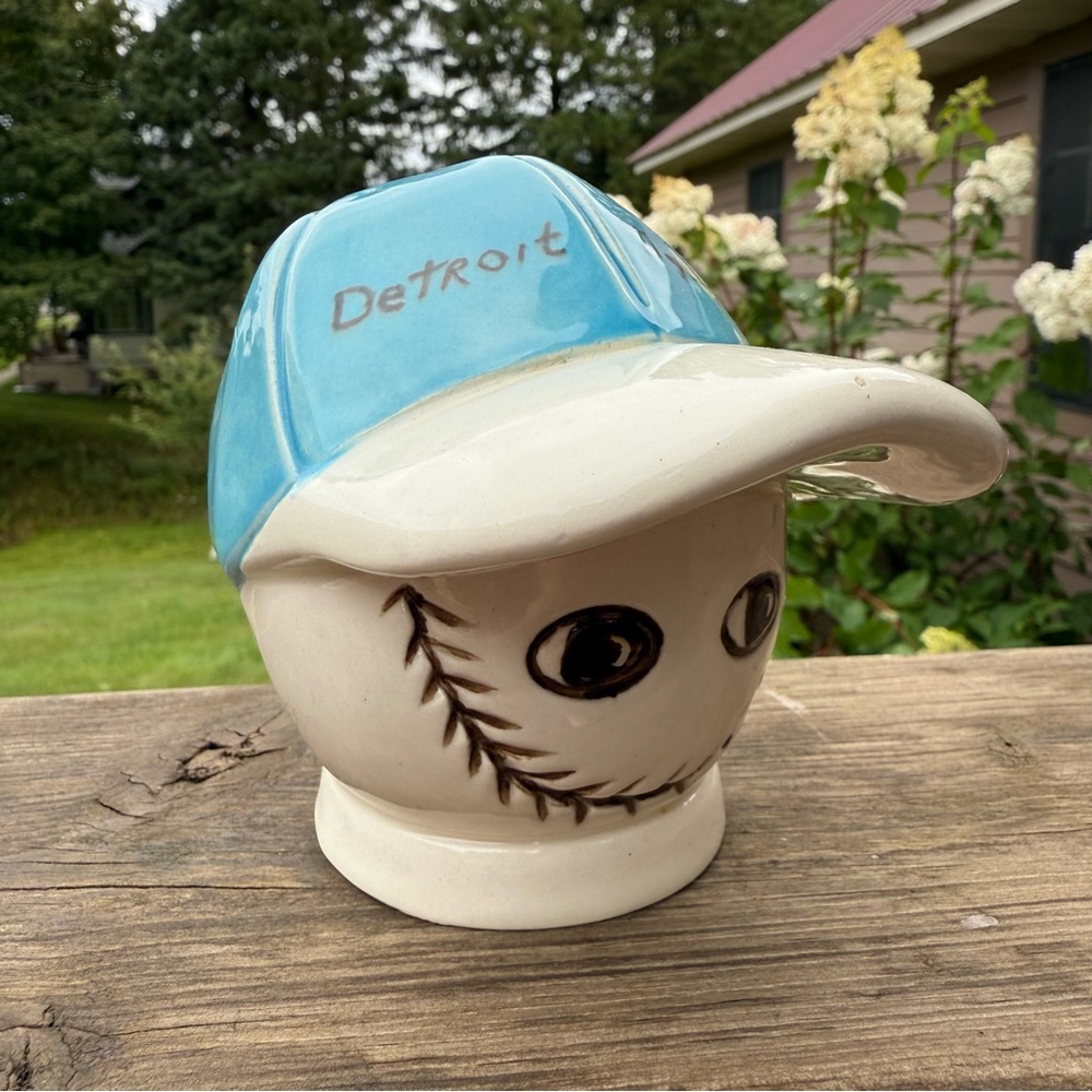 Vintage Detroit Tigers Baseball Bank With Hat Hand Painted Blue White Nostalgic